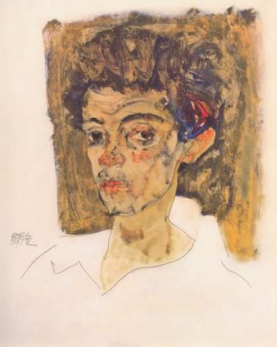 Self-Portrait Against Brown Background by Egon Schiele